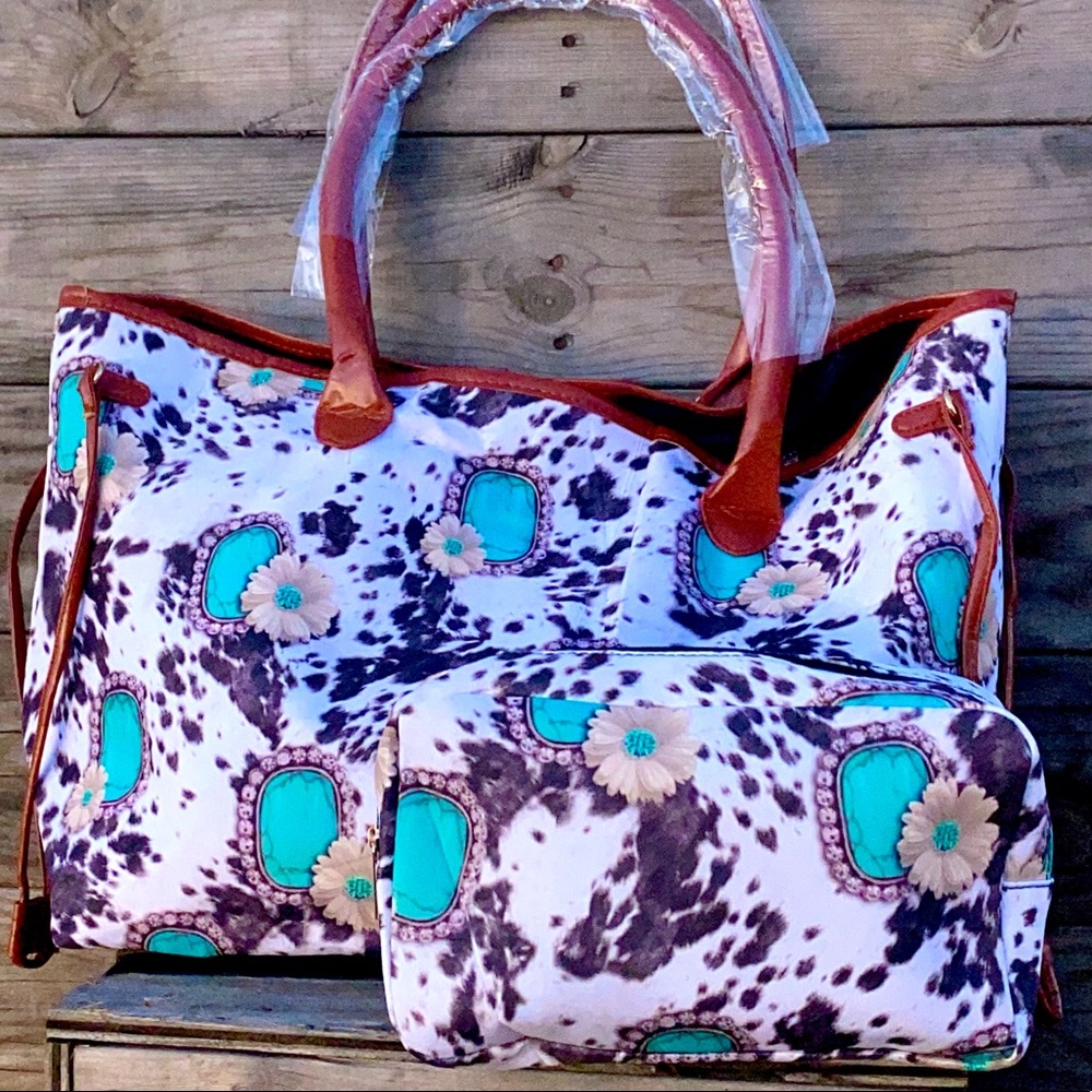 Turquoise Stone Cow Floral Tote & Makeup Bag